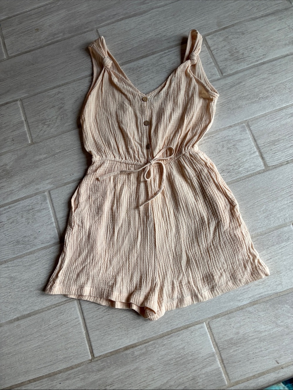 Light Peach Sleeveless Romper with Tie Waist